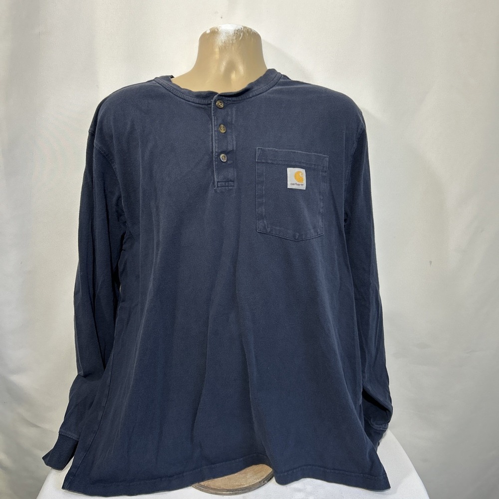 Carhartt Mens L Large Loose Fit Henley Long Sleeve T-Shirt Navy Blue Tee K128